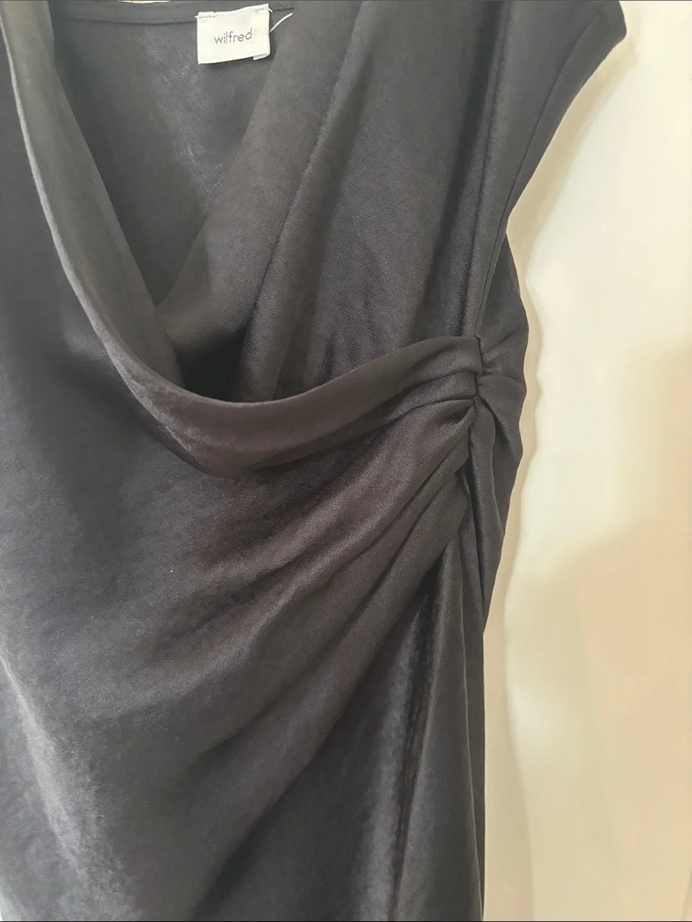 Wilfred Black Satin Slip Dress with Draped Side Detail and adjustable straps